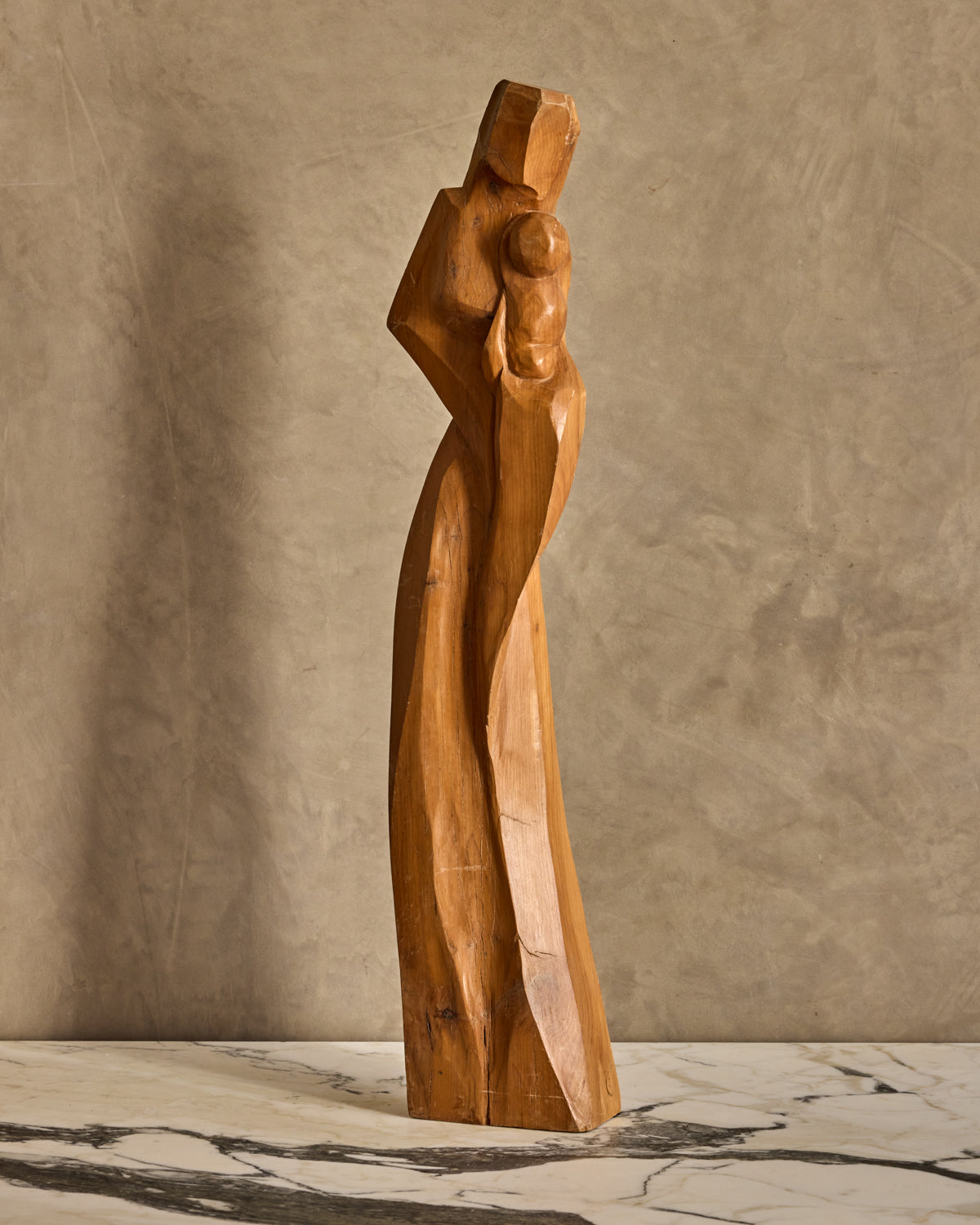 Handcarved Wooden Mother + Child Sculpture