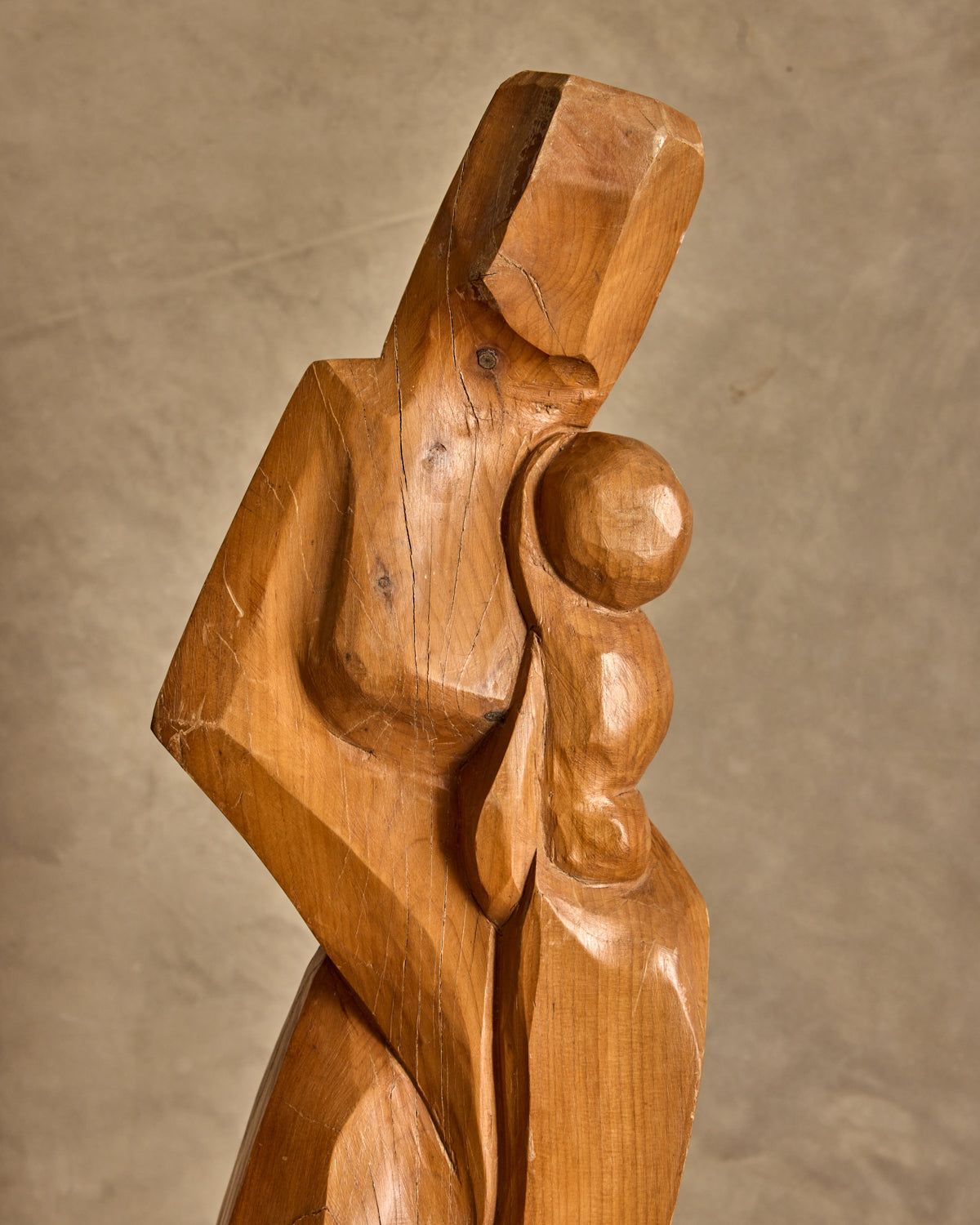 Handcarved Wooden Mother + Child Sculpture