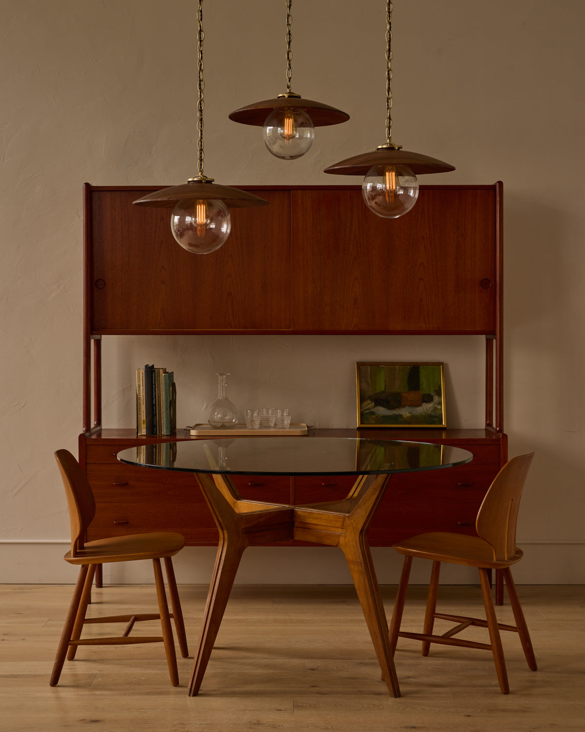 Large pendant light with oversized clear glass globe and decorative wooden clear maple shade with brass chain #shade-finish_black walnut #globe_clear glass #cord-color_brown