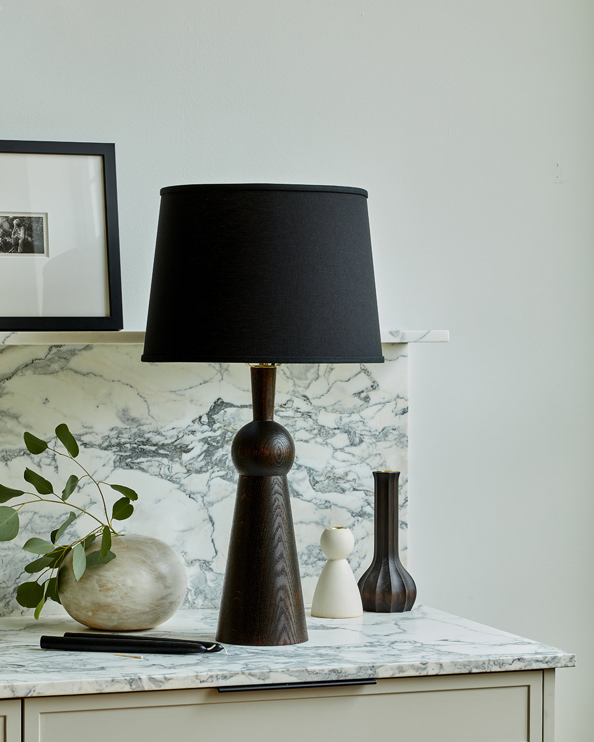 Dark wash solid wood table lamp with gently tapered body and black linen shade #wood-finish_dark wash red oak #shade-color_black linen