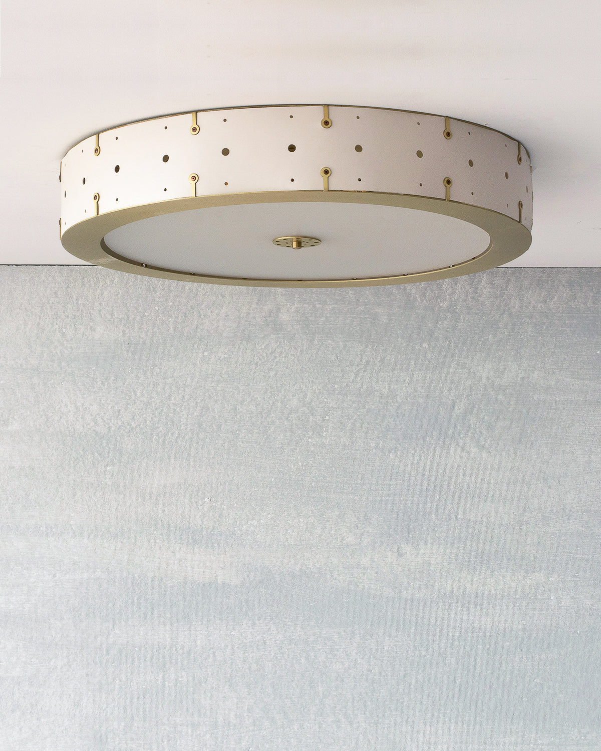 Beautiful satin brass flush mount ceiling fixture with handstitched leather drum shade #leather-color_dogwood