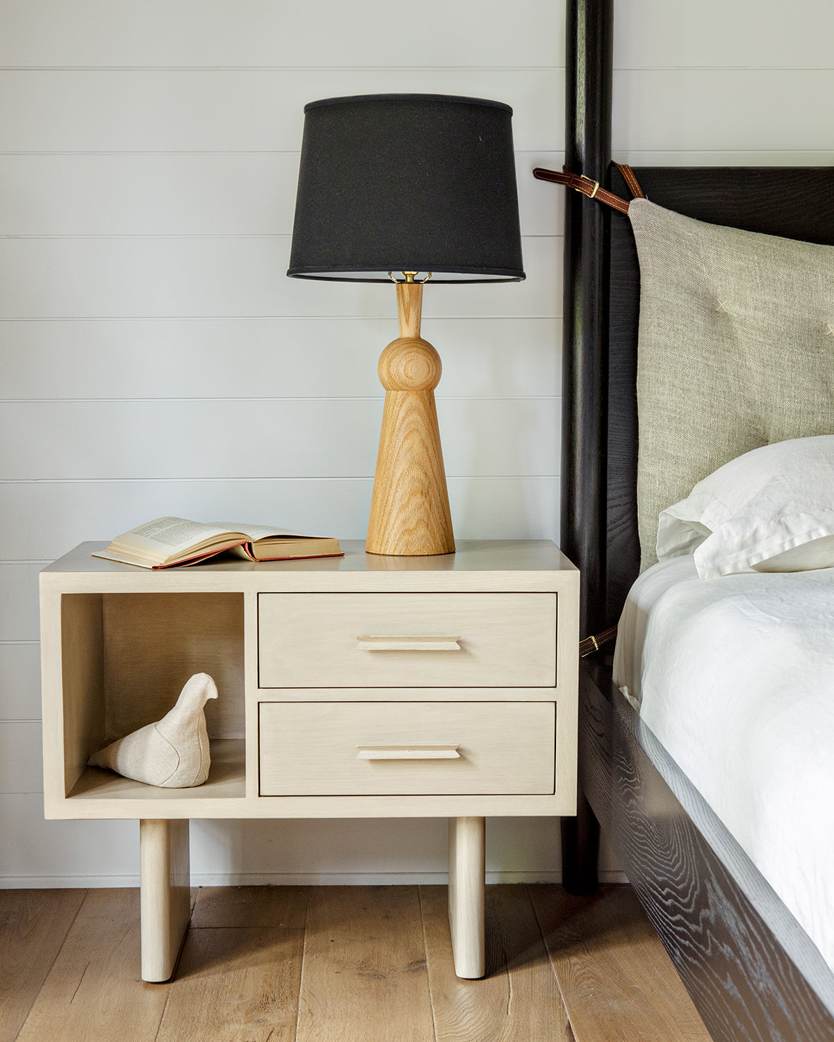 Bedside table lamp with natural solid wood body and black linen shade #wood-finish_natural red oak #shade-color_black linen
