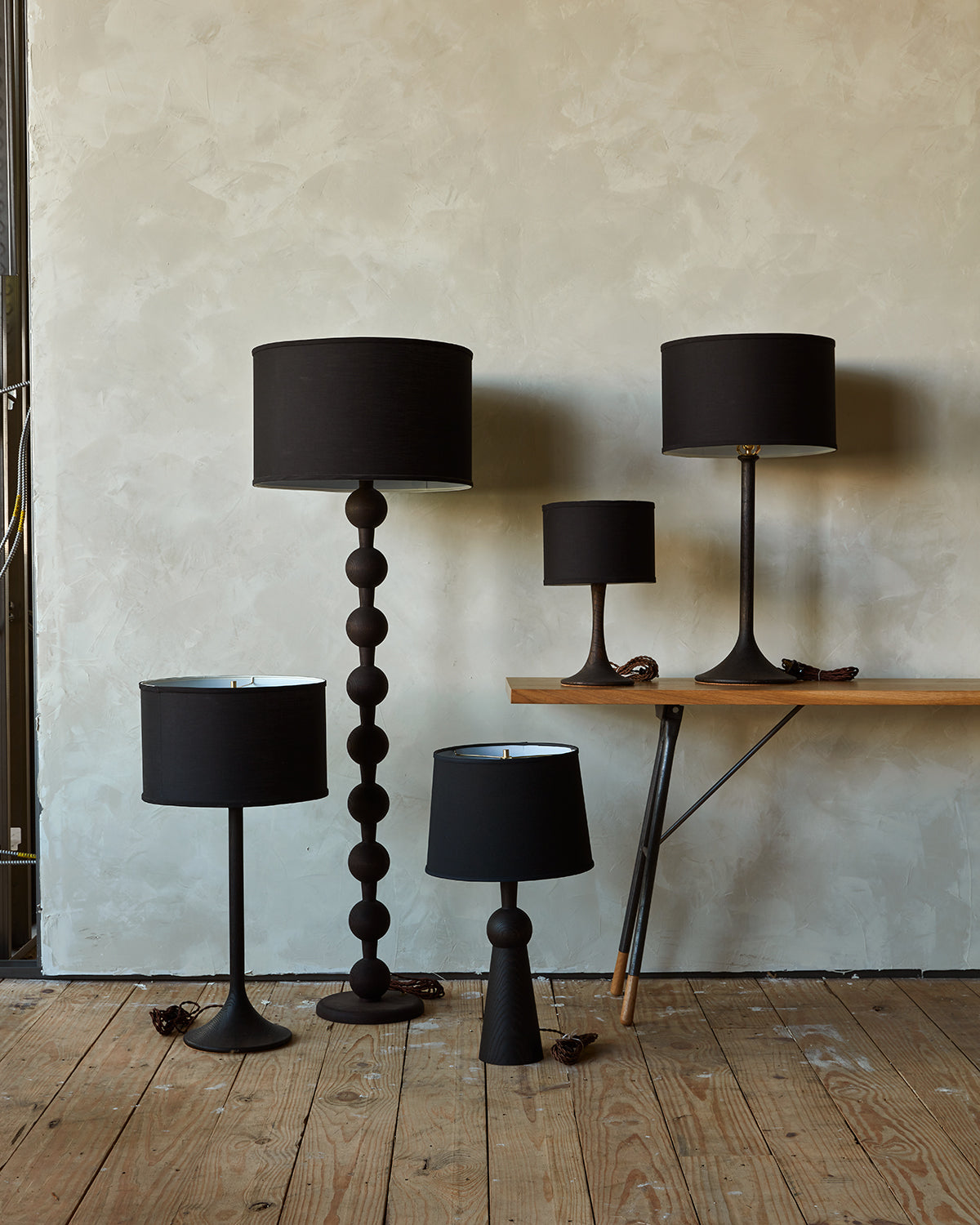 Collection of Lostine dark wash wood turned lamps #wood-finish_dark wash red oak #shade-color_black linen