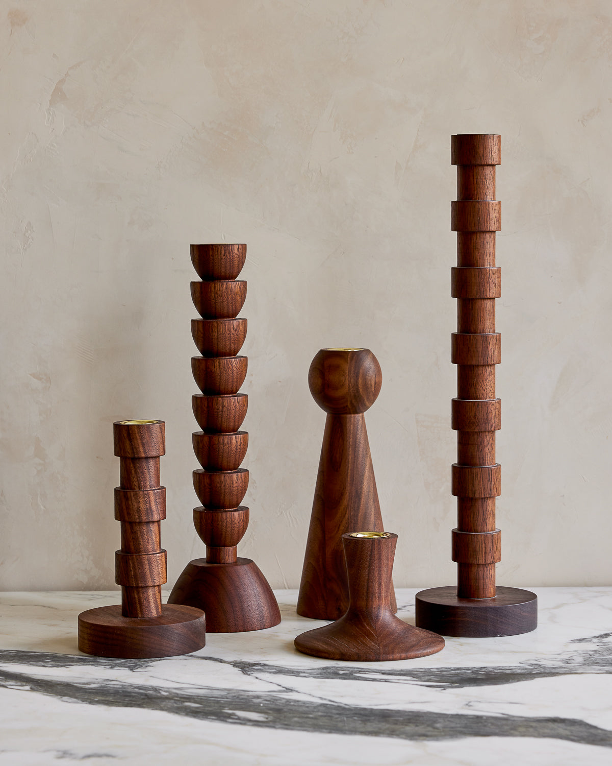 Collection of wooden black walnut candle holders
