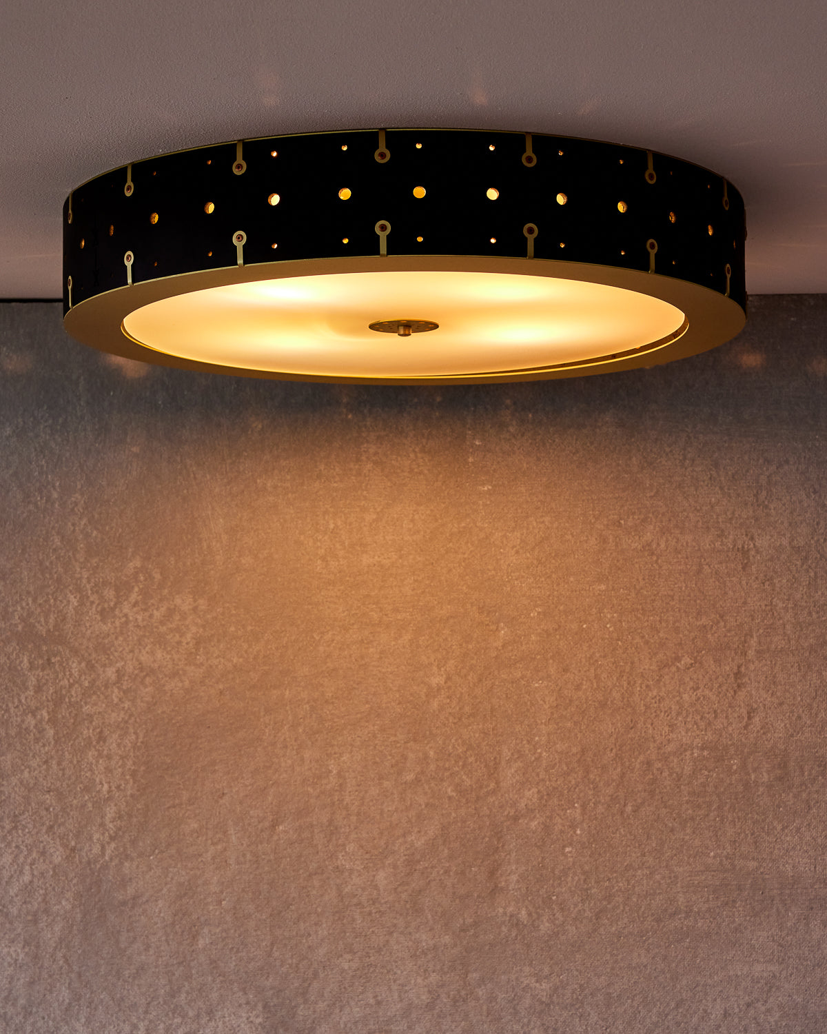 Beautiful satin brass flush mount ceiling fixture with handstitched leather drum shade #leather-color_black harness