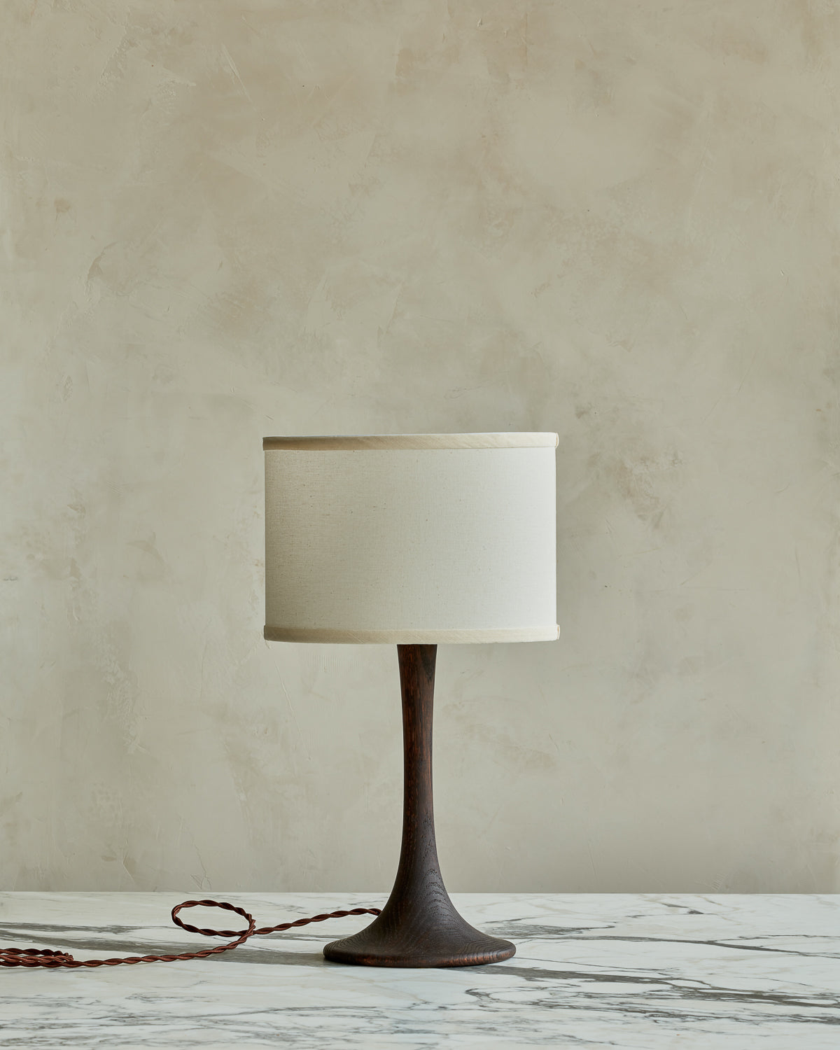Small Trumpet table lamp with dark wash finish and ivory drum shade #wood-finish_dark wash red oak #shade-color_ivory linen