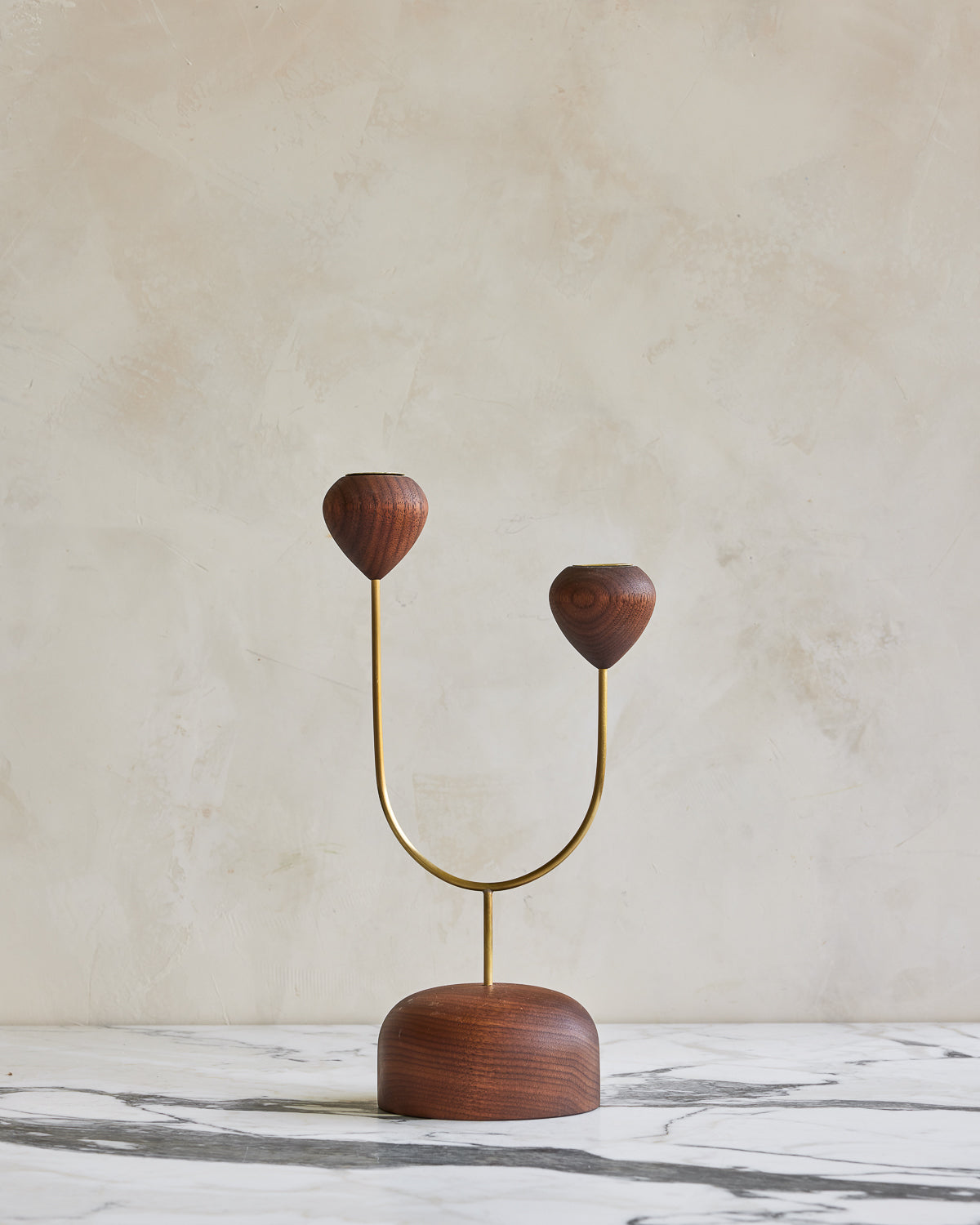 Modern black walnut and brass flower inspired candle holder