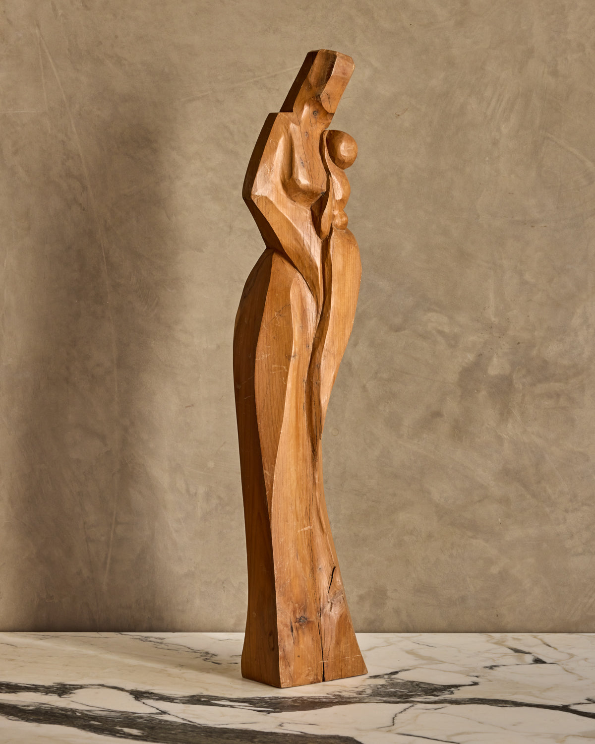 Handcarved Wooden Mother + Child Sculpture