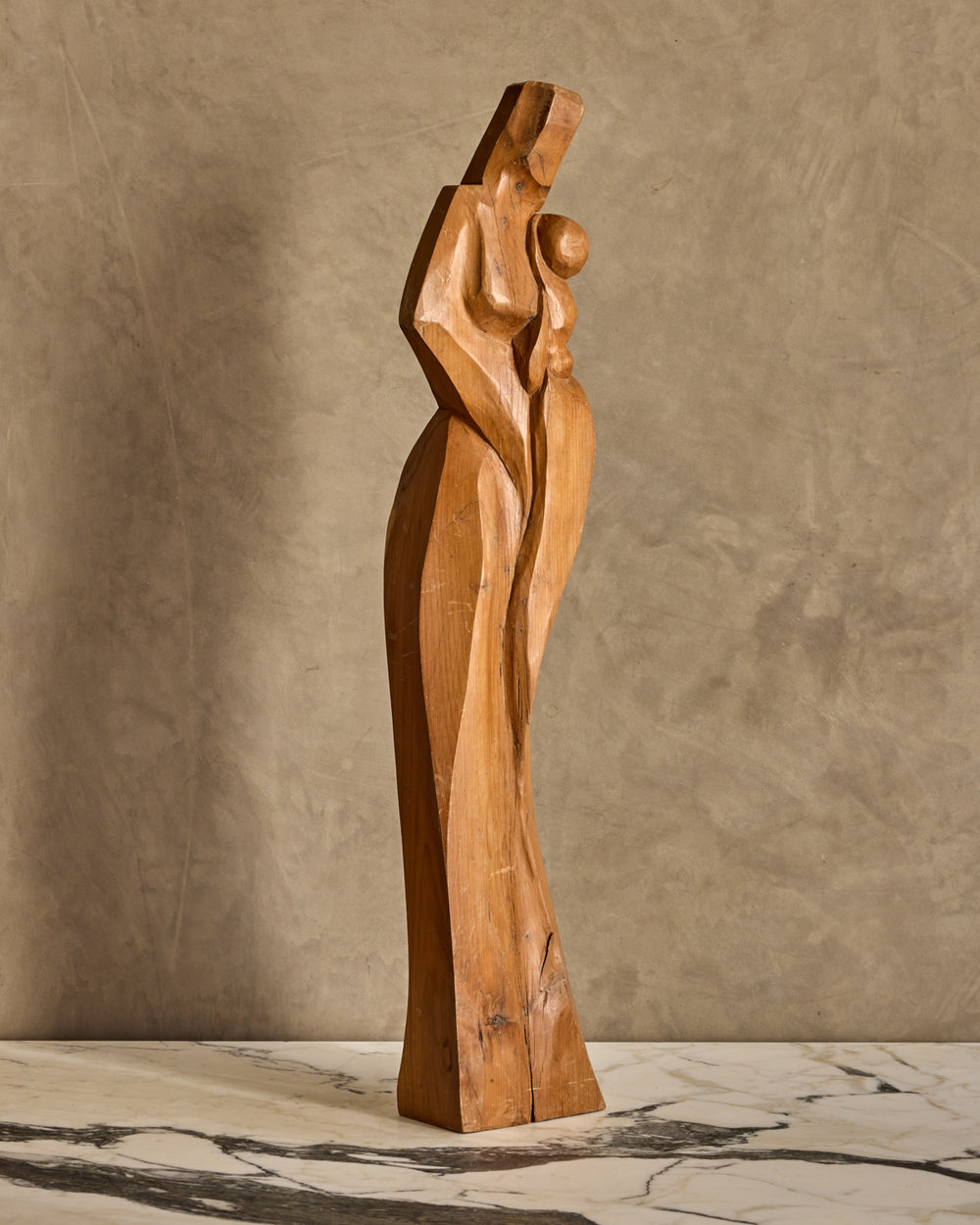Handcarved Wooden Mother + Child Sculpture