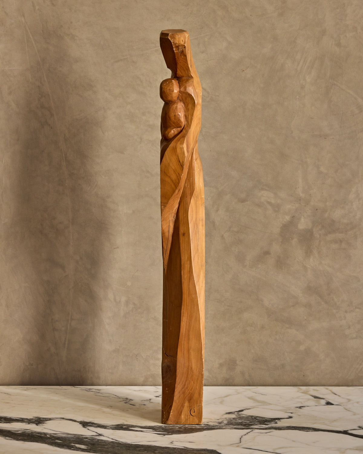 Handcarved Wooden Mother + Child Sculpture
