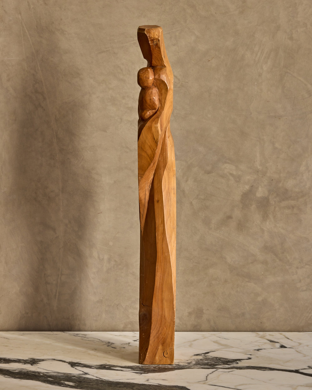 Handcarved Wooden Mother + Child Sculpture