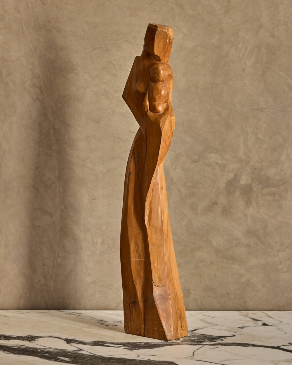 Handcarved Wooden Mother + Child Sculpture