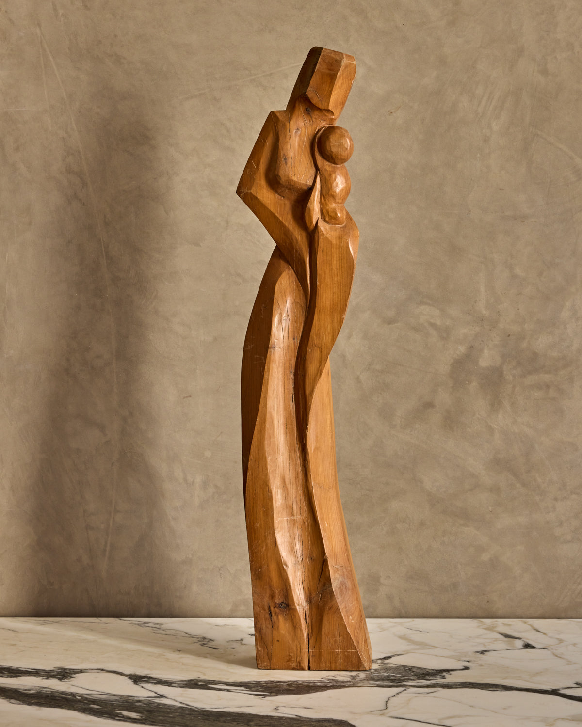 Handcarved Wooden Mother + Child Sculpture