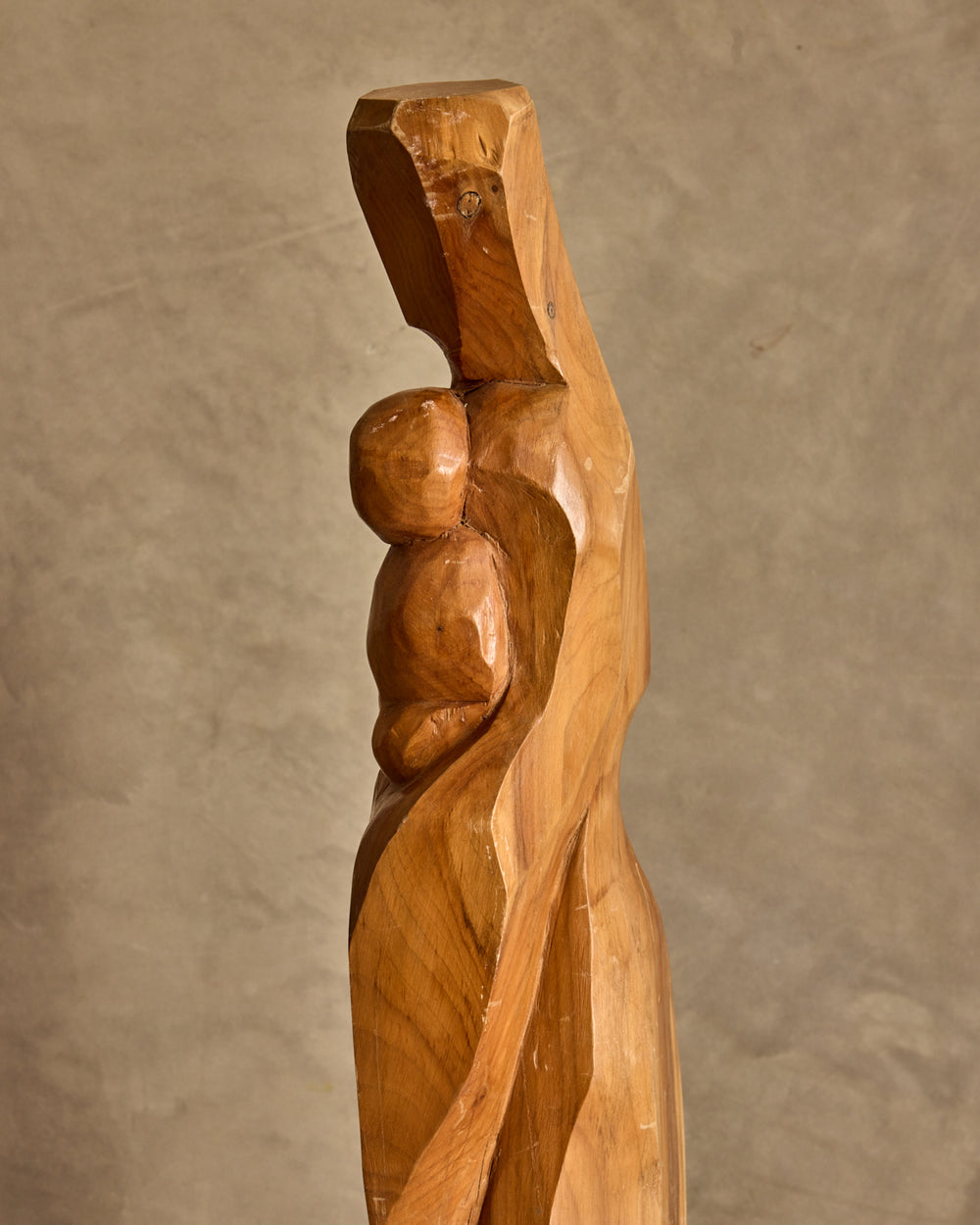 Handcarved Wooden Mother + Child Sculpture