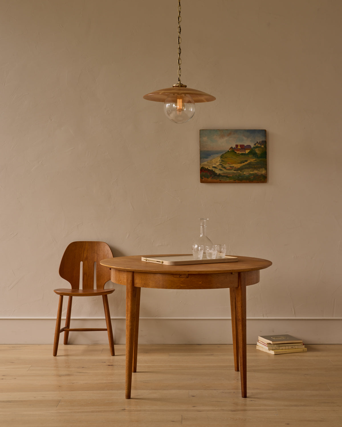 Large pendant light with oversized clear glass globe and decorative wooden clear maple shade with brass chain  #shade-finish_natural maple #globe_clear glass #cord-color_brown