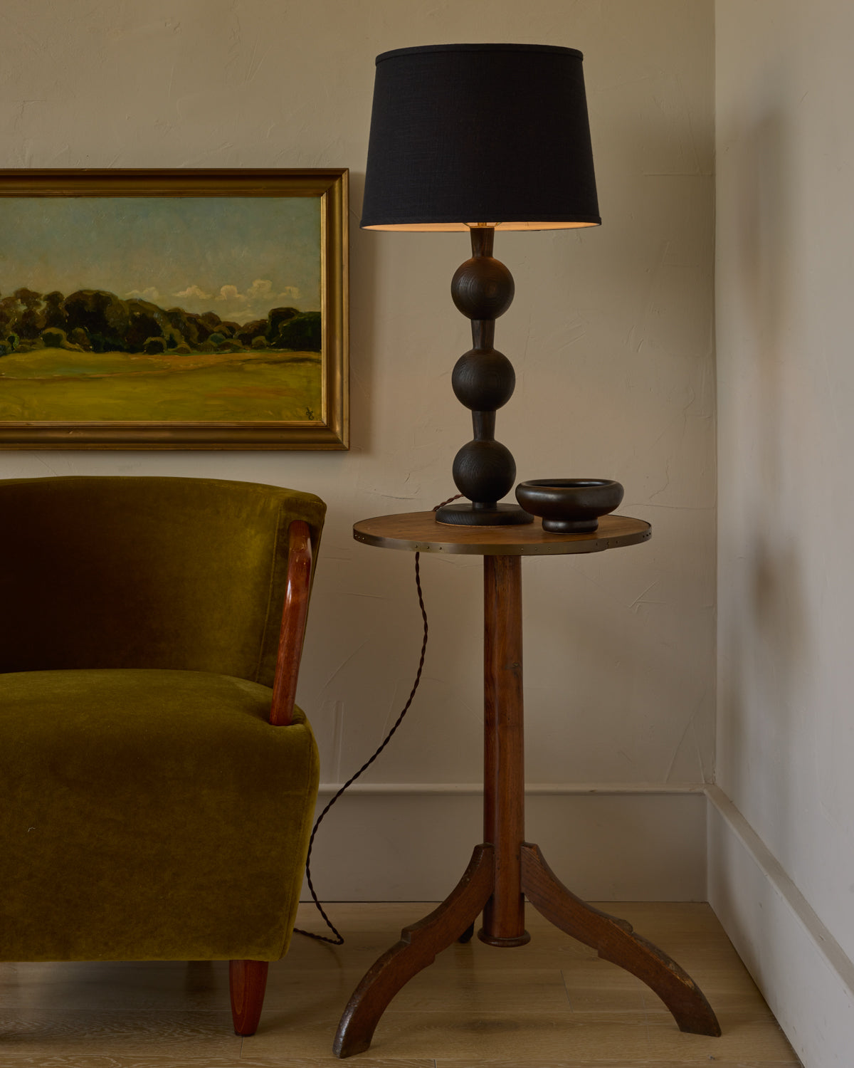 Sculptural solid wood table lamp with barbell design in dark wash finish with black linen shade #wood-finish_dark wash red oak #shade-color_black linen