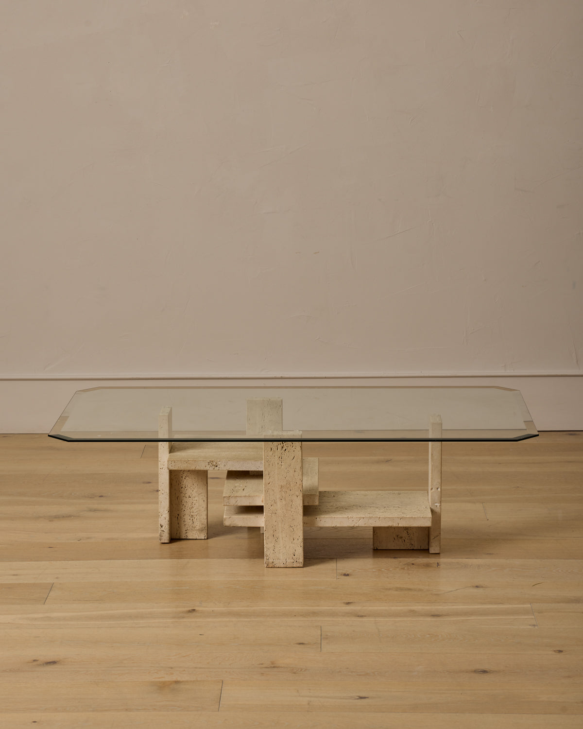 Travertine & Glass Coffee Table by Willy Ballez