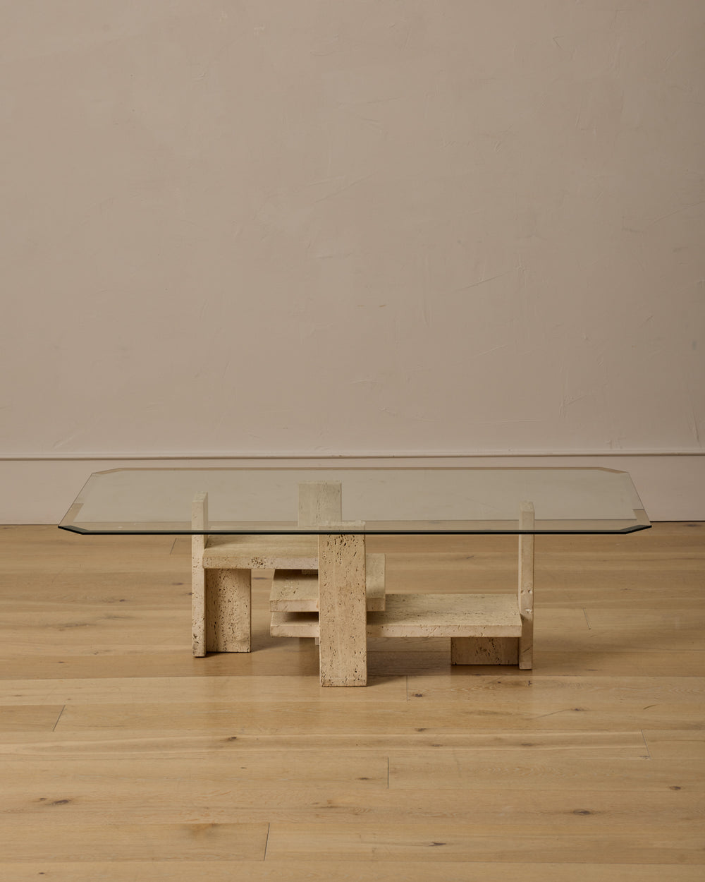 Travertine & Glass Coffee Table by Willy Ballez