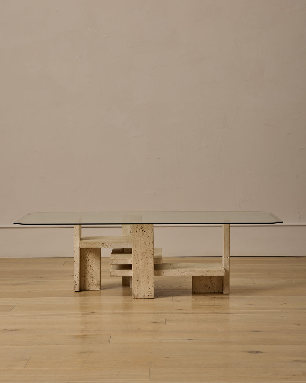 Travertine & Glass Coffee Table by Willy Ballez