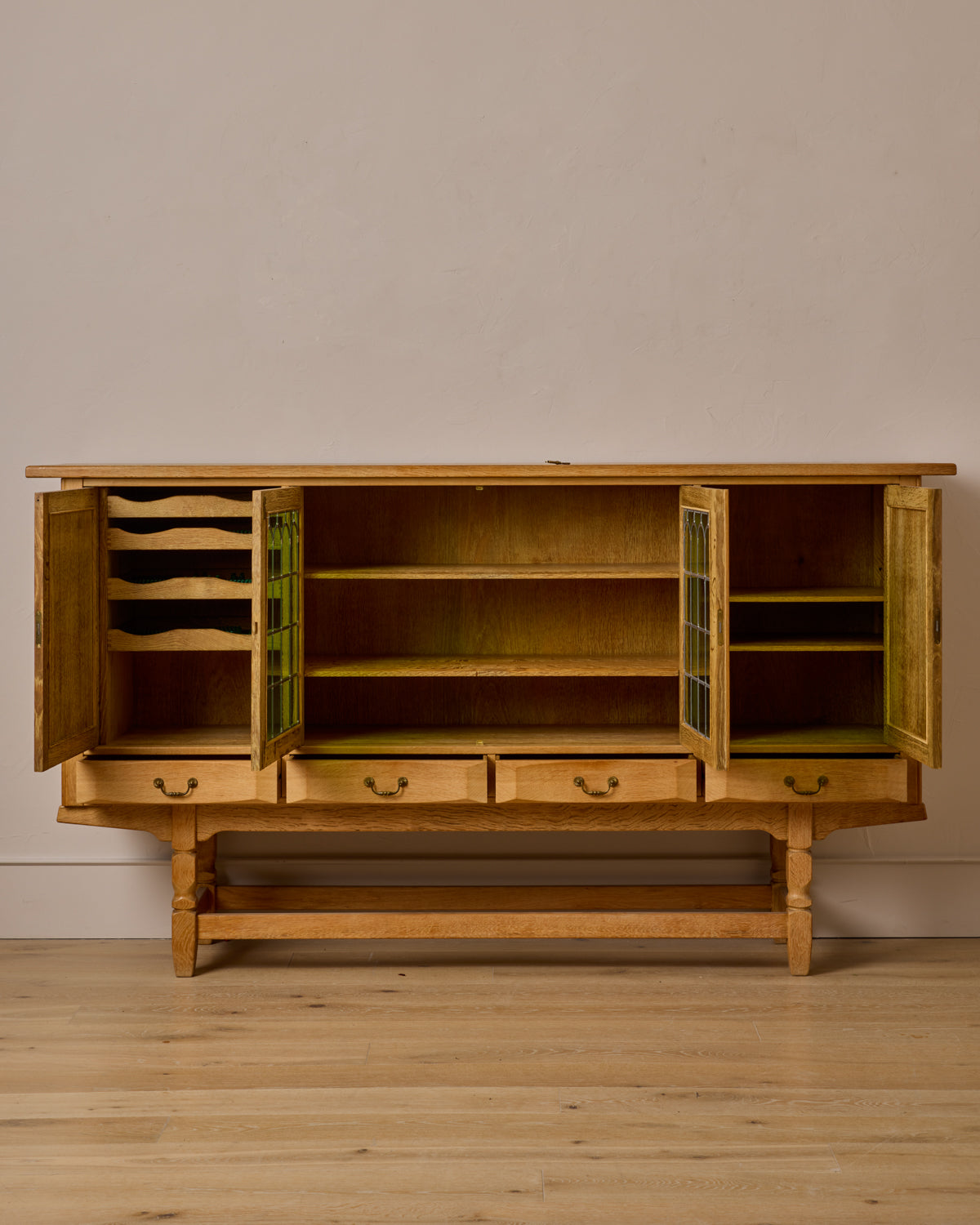 Danish Oak Highboard with Green Glass