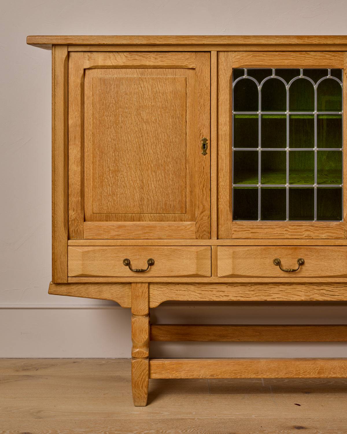 Danish Oak Highboard with Green Glass