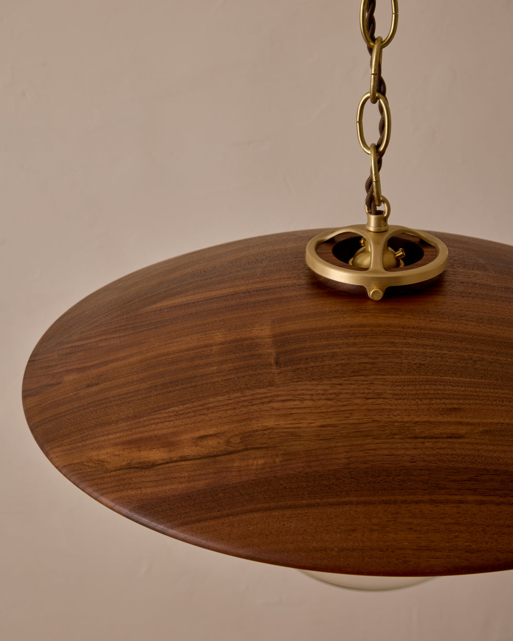 Large pendant light with oversized clear glass globe and decorative wooden clear maple shade with brass chain  #shade-finish_black walnut #globe_clear glass #cord-color_brown