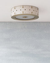 Beautiful satin brass flush mount ceiling fixture with handstitched leather drum shade #leather-color_dogwood