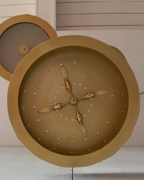 Beautiful satin brass flush mount ceiling fixture with handstitched leather drum shade