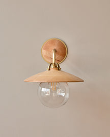 Hardwired satin brass wall sconce with decorative wooden natural maple shade and glass globe