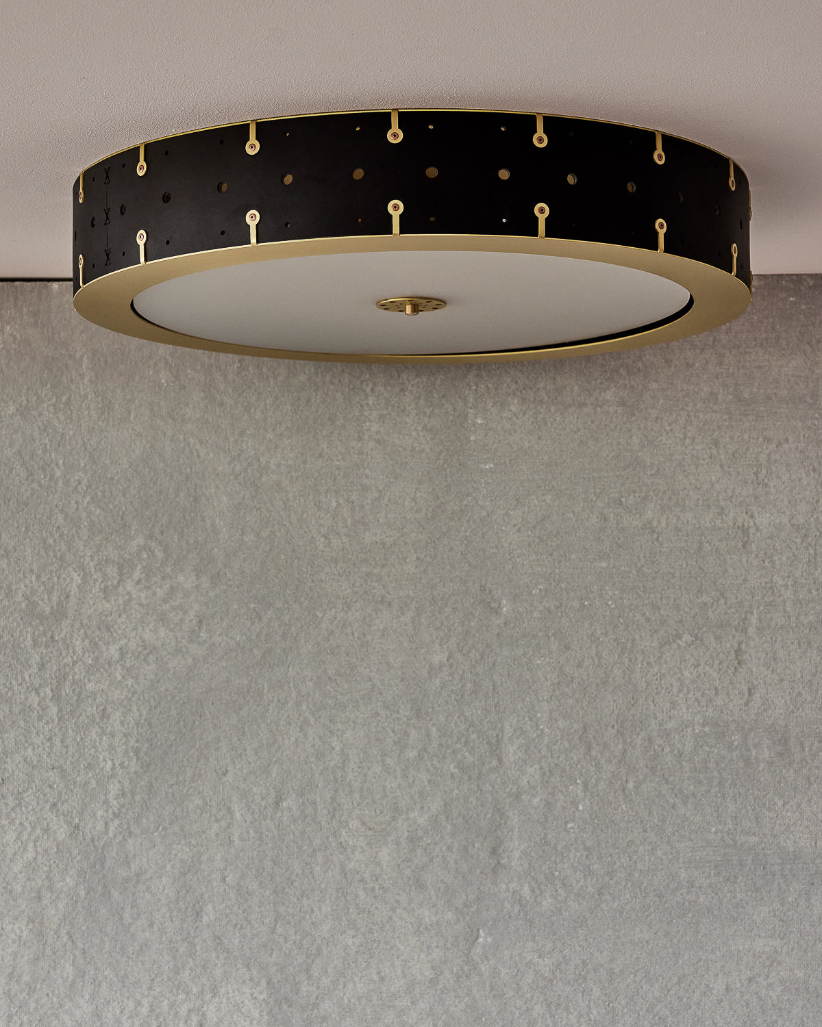 Beautiful satin brass flush mount ceiling fixture with handstitched leather drum shade #leather-color_black harness