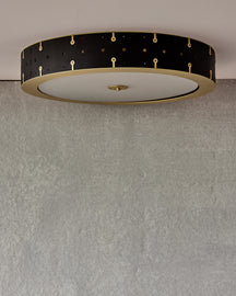 Beautiful satin brass flush mount ceiling fixture with handstitched leather drum shade #leather-color_black harness