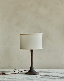 Small Trumpet table lamp with dark wash finish and ivory drum shade #wood-finish_dark wash red oak