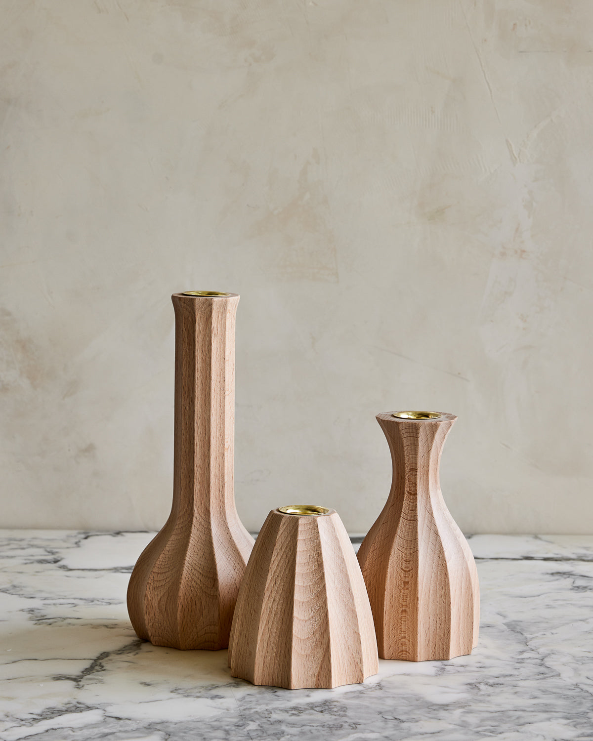 Trio of natural maple wooden candle holders with delicate grooves #wood-finish_natural maple