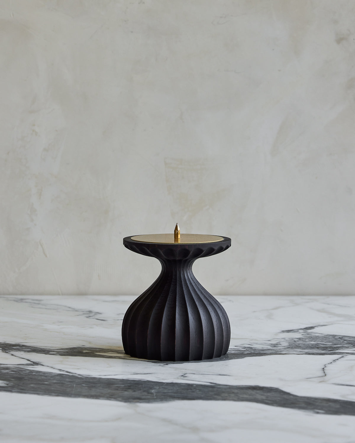 Short grooved dark wash maple wooden pillar candle holder with brass  accents #wood-finish_dark wash maple #size_short