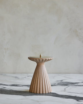 Tall grooved natural maple wooden pillar candle holder with brass accents