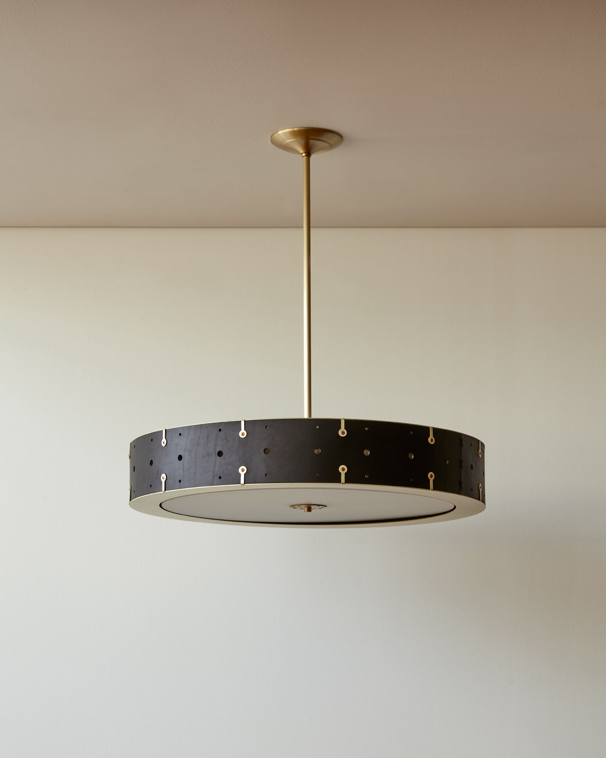 Beautiful satin brass ceiling pendant fixture with handstitched leather drum shade and customizable drop