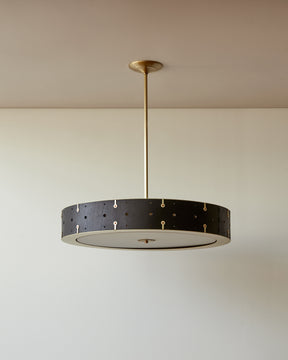 Beautiful satin brass ceiling pendant fixture with handstitched leather drum shade and customizable drop