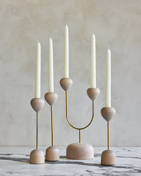 Modern maple and brass flower inspired candle holders