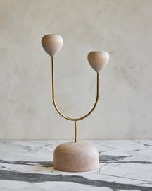 Modern maple and brass flower inspired candle holder