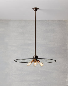 Large flat mirrored ceiling pendant with exposed lightbulbs. Made by RTO Lighting in Philadelphia. Hardwired light fixture. Simple interior design, made in the USA.