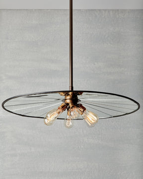 Large flat mirrored ceiling pendant with exposed lightbulbs. Made by RTO Lighting in Philadelphia. Hardwired light fixture. Simple interior design, made in the USA.