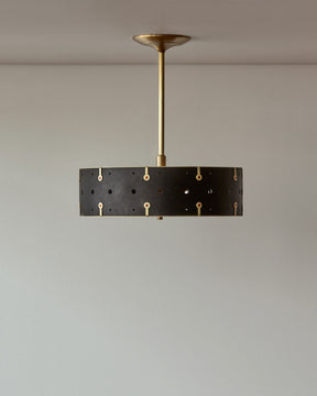 Beautiful satin brass ceiling pendant fixture with handstitched leather drum shade and customizable drop