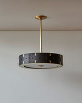 Beautiful satin brass ceiling pendant fixture with handstitched leather drum shade and customizable drop #leather-color_black harness