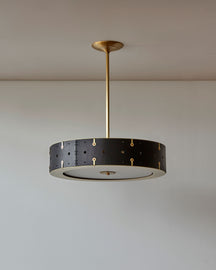 Beautiful satin brass ceiling pendant fixture with handstitched leather drum shade and customizable drop #leather-color_black harness